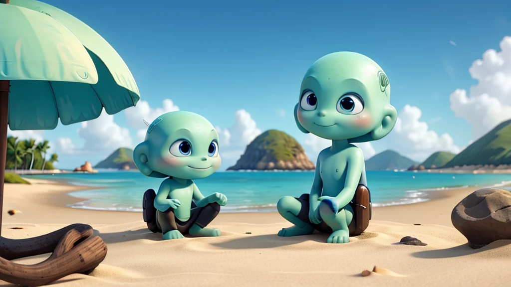 2 aliens sitting on the beach looking at an island in the background