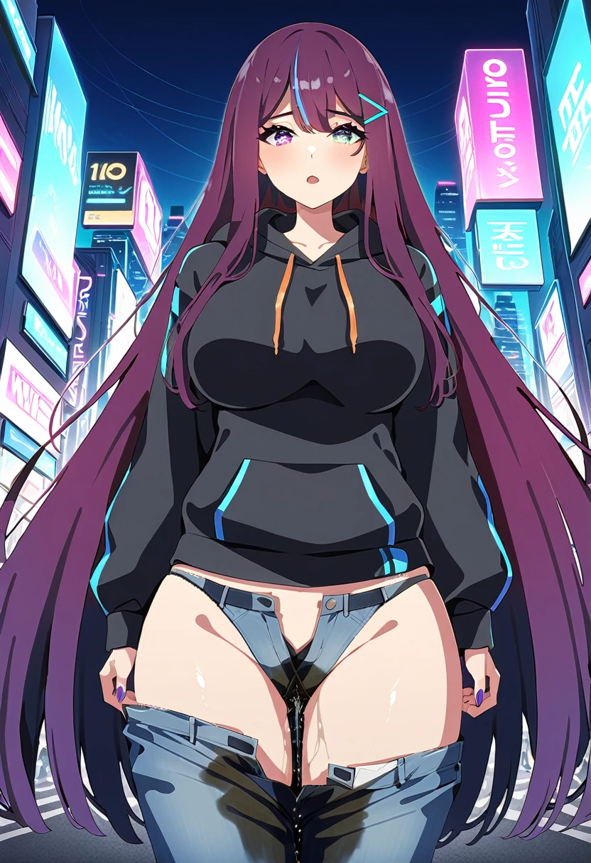 (masterpiece:1.37), best quality, (extremely detailed:1.37), woman, mature, adult, large breasts, (very long hair:1.5), dark purple hair, purple eyes, (extremely detailed eyes:1.37), hoodie, jeans, open fly, desperation, (wetting: self 3.0), standing, city, futuristic, neon lighting, high-tech, street