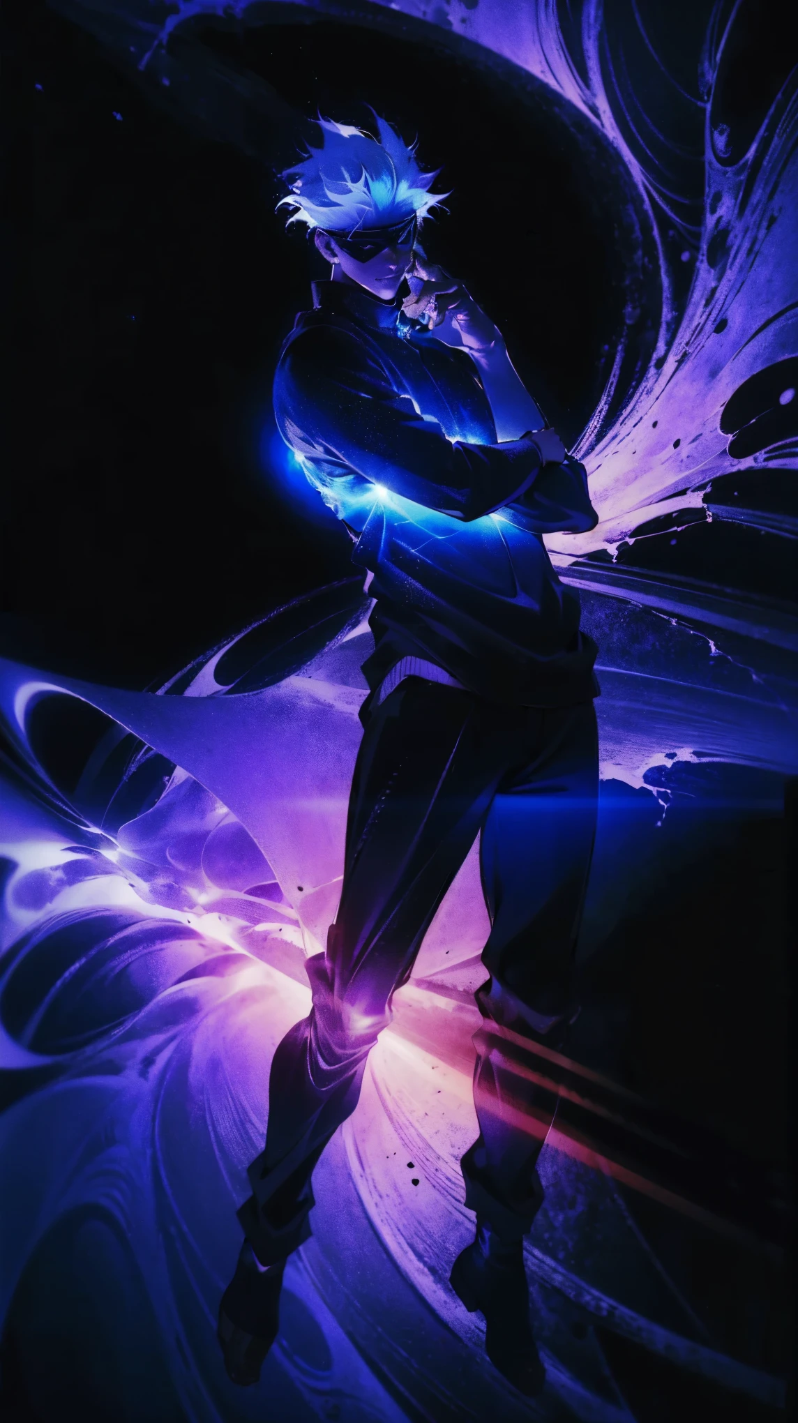 1boy, full body shot, perfect hand and fingers, satoru gojo, blindfold, black outfit, white hair, look at sky, smirk, red and blue moon city night background, wallpaper, cinematic,High resolution 8K, Bright light illumination, lens flare, sharpness, masterpiece, top-quality, The ultra -The high-definition, high resolution, extremely details CG, Anime style, Film Portrait Photography,masterpiece,hyperdetail,light attack, blue and red gives purple, infinity, throw light, energy attack,eyes shining deep blue