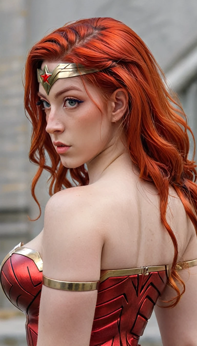 A beautiful sexy red hair Wonder Woman (realistic detailed,4K,high resolution,work of art:1.2), (whole body) (rear view)  mssbrsl