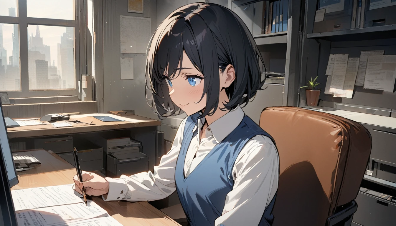 1girl, solo, gentle smile on her face flat chest, short hair, blue eyes, (detailed eyes), black hair, upper body, ((masterpiece, illustration, best quality)) ((best quality)), ((masterpiece)), (detailed), perfect face, 1 girl in white shirt and blue vest,pants,standing,working in office, a 1960s woman working in an office in New York, a window in a background