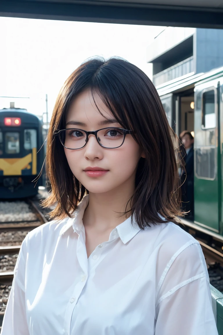 (8K、Raw photo、Highest quality、masterpiece:1.2)、(Realistic、Photorealistic:1.37)、Ultra-detailed、Ultra-high resolution、1 girl、Seeing the viewer、Beautifully detailed face、Laughter、narrow、(Slim waist) :1.3)、shortcut、Beautifully detailed skin、Skin Texture、Floating Hair、Professional Lighting、Waiting for the train on the platform、Black-rimmed square glasses 、Human whole body、Brown Hair、