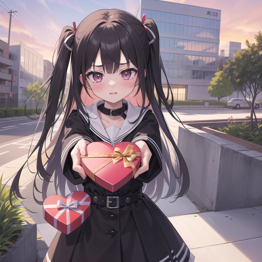 masterpiece,Super detailed,Highest quality,One girl,,shy,,incoming gift, box,(blush), Outdoor,sunset,Give a gift,Weapons for the viewers,heart box