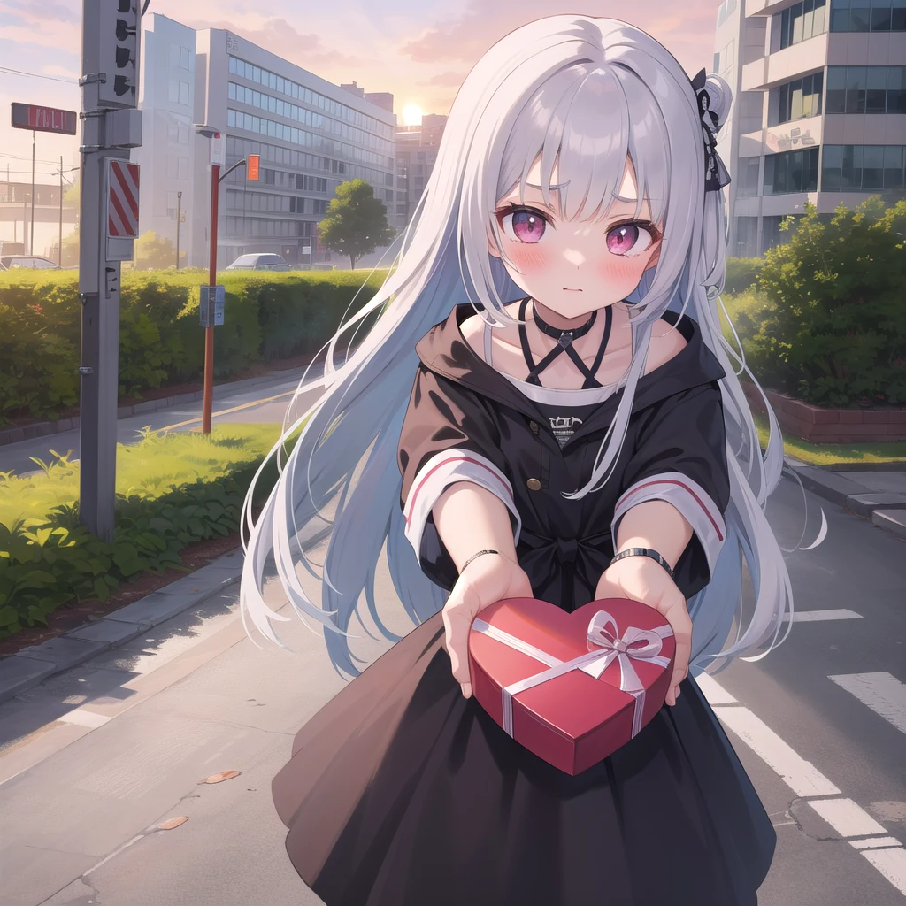 masterpiece,Super detailed,Highest quality,One girl,,shy,,incoming gift, box,(blush), Outdoor,sunset,Give a gift,Weapons for the viewers,heart box