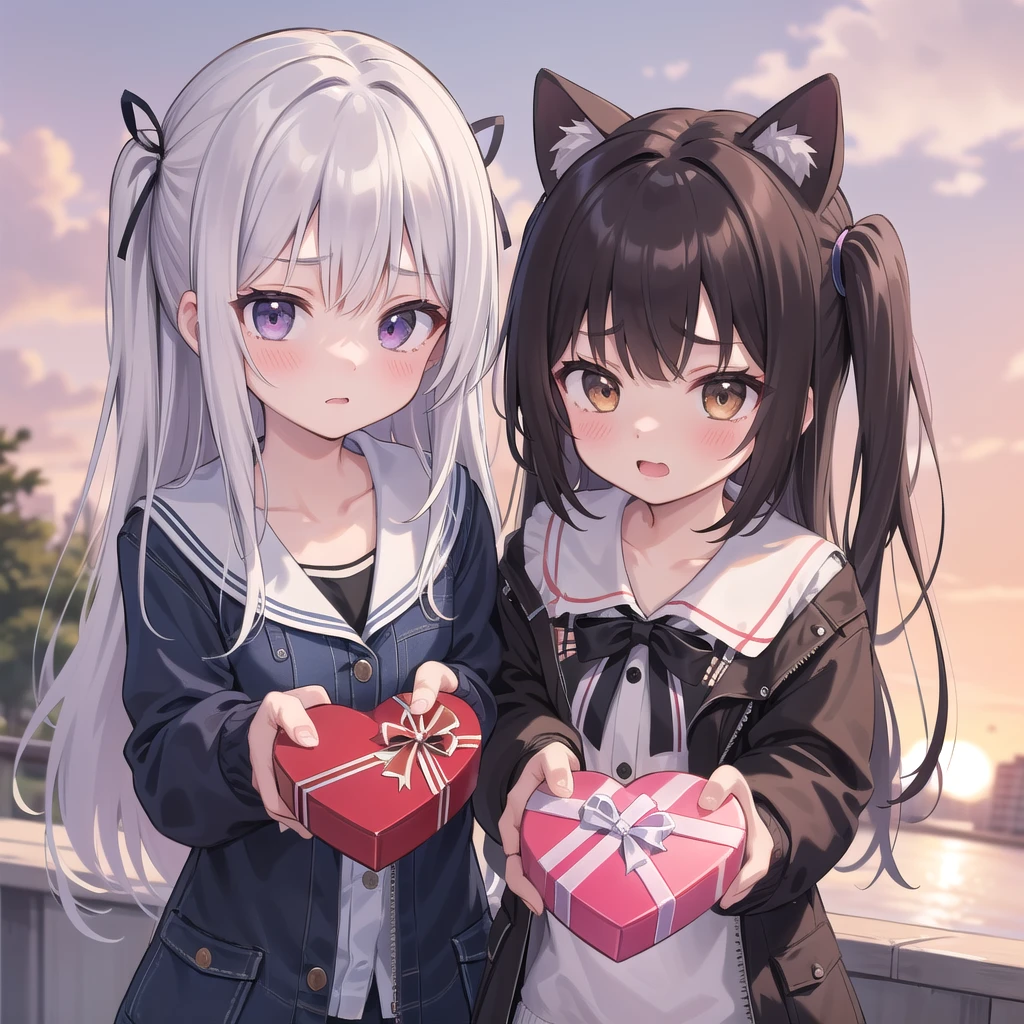 masterpiece,Super detailed,Highest quality,One girl,,shy,,incoming gift, box,(blush), Outdoor,sunset,Give a gift,Weapons for the viewers,heart box