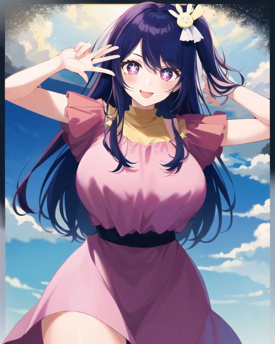 1 girl, whole body, cowboy shot, (Rembrandt), illustration, (masterpiece), (Best quality), (ultra_pодробный), finely detail, (Depth of field), HshinoAi,pерчатки, language out, language, long hair, star \(symbol\), Looking at the viewer, (purple hair:1.2), purple eyes, upper body, hair ornament, :p, frill, pink shirt, smile, without sleeves, shirt, idol, symbol-shaped pupils, hands up, bang, one side up, star-shaped pupils, arms up, dress pull, roaring twenties, isometric, Above, sky, flower, cliff, huge breasts, wide hips, thick thighs