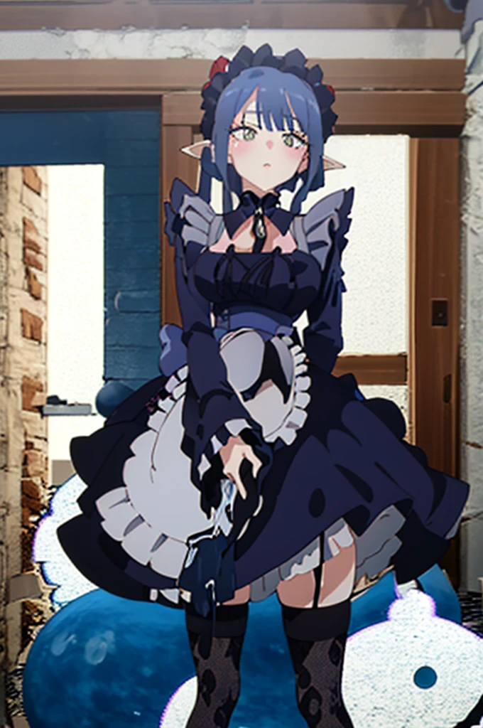 1girl, cowboy shot,
rizu-kyun, maid, bonnet, thighhighs,, masterpiece, best quality, highly detailed,((blue hair)),