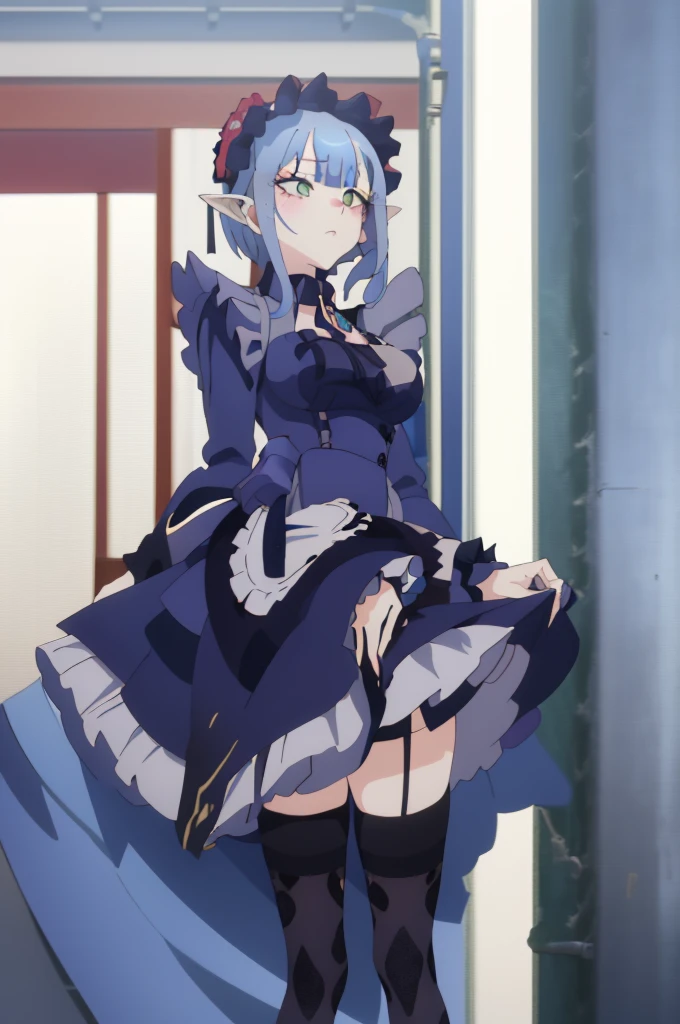 1girl, cowboy shot, 
rizu-kyun, maid, bonnet, thighhighs,, masterpiece, best quality, highly detailed,((blue hair)),