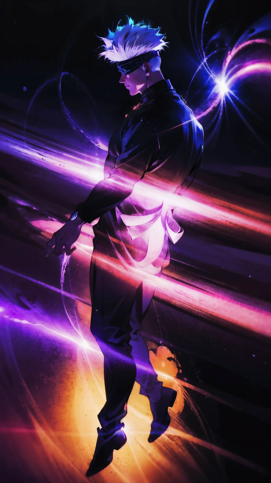 1boy, full body shot, perfect hand and fingers, satoru gojo, blindfold, black outfit, white hair, look at sky, smirk, red and blue moon city night background, wallpaper, cinematic,High resolution 8K, Bright light illumination, lens flare, sharpness, masterpiece, top-quality, The ultra -The high-definition, high resolution, extremely details CG, Anime style, Film Portrait Photography,masterpiece,hyperdetail,light attack, blue and red gives purple, infinity, throw light, energy attack,eyes shining deep blue