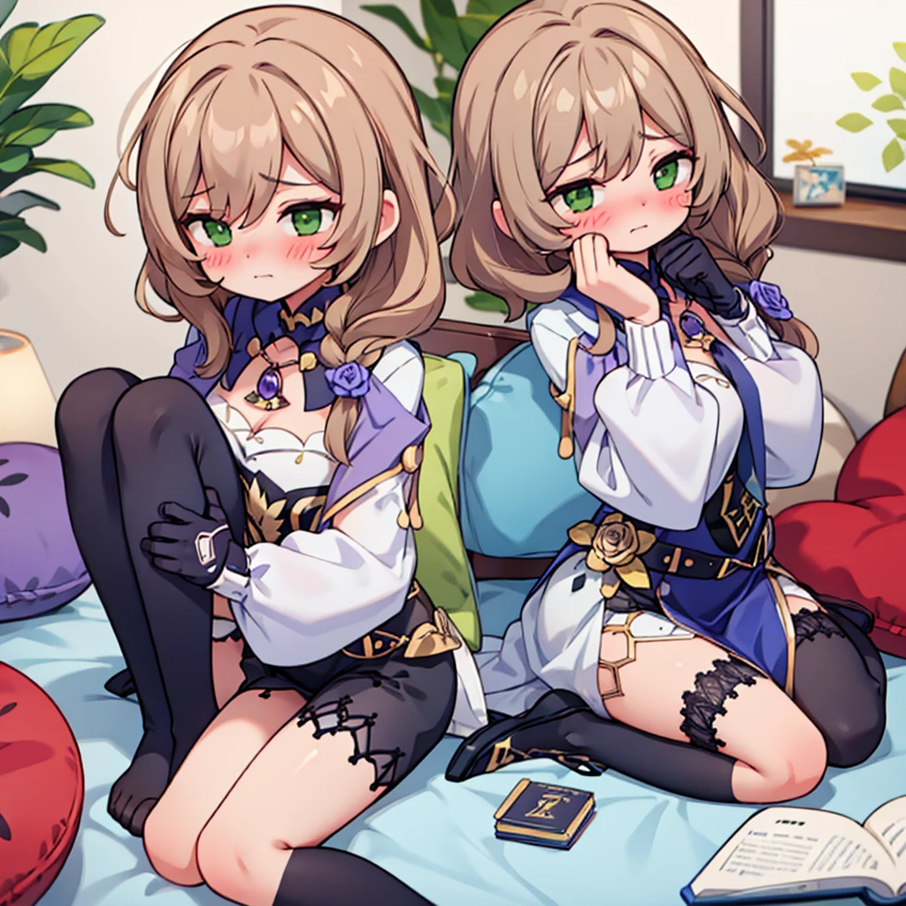 is sitting, legs tucked in, hands in fists, embarrassed face,blushes(one)