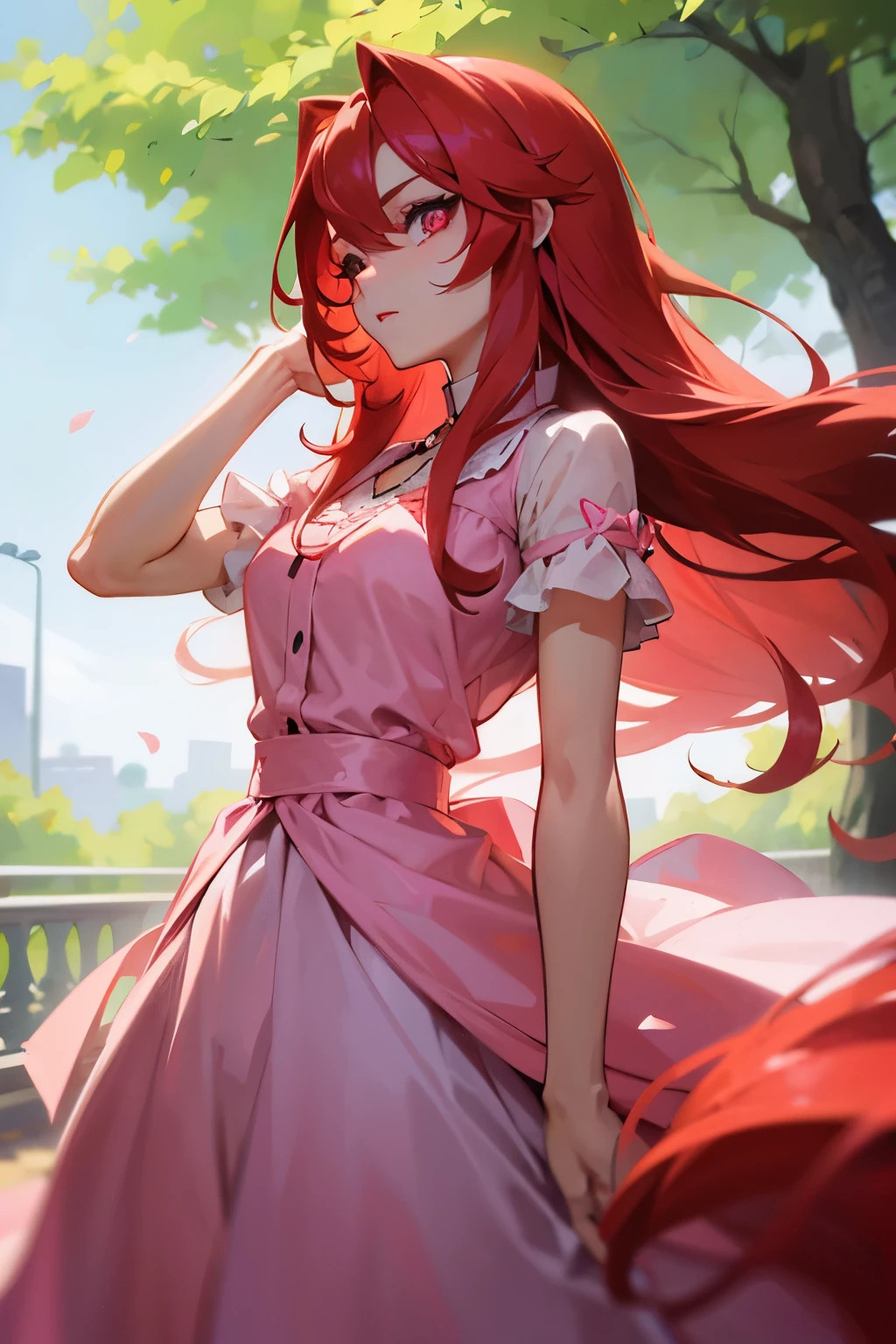 make me a female cartoon character, who is a redhead with long hair, slickedback hair. Your pink eyes, wearing a flowery dress in a park