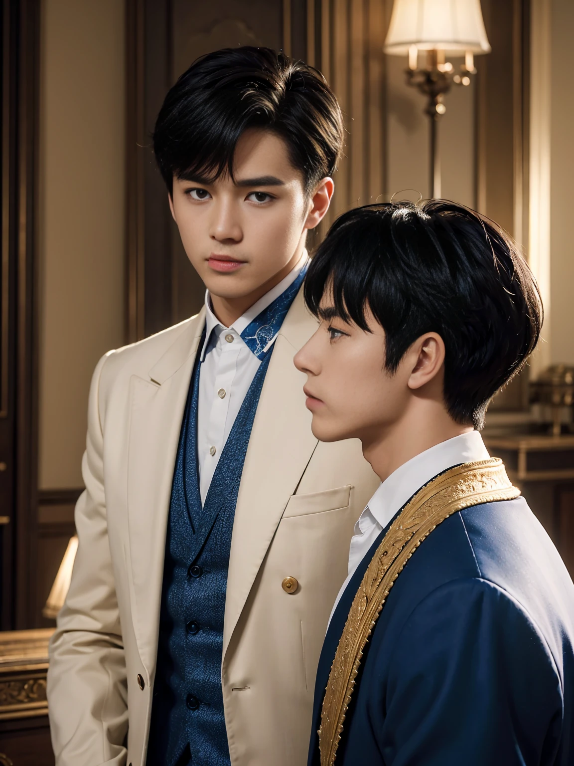 ((masterpiece)),((best quality)),8K,high detail,Very detailed, Very manly,3 men, like,fashion pose, Realistic skin texture, Light,
Royal blue style couple