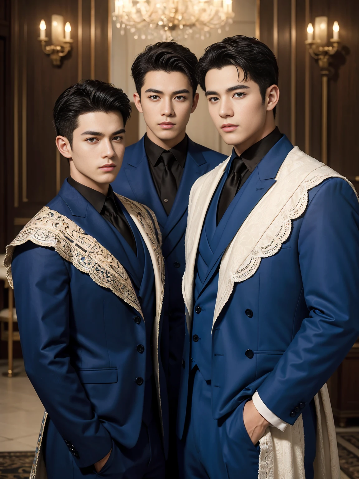 ((masterpiece)),((best quality)),8K,high detail,Very detailed, Very manly，3 men, like，fashion pose, Realistic skin texture, Light,
Royal blue style couple