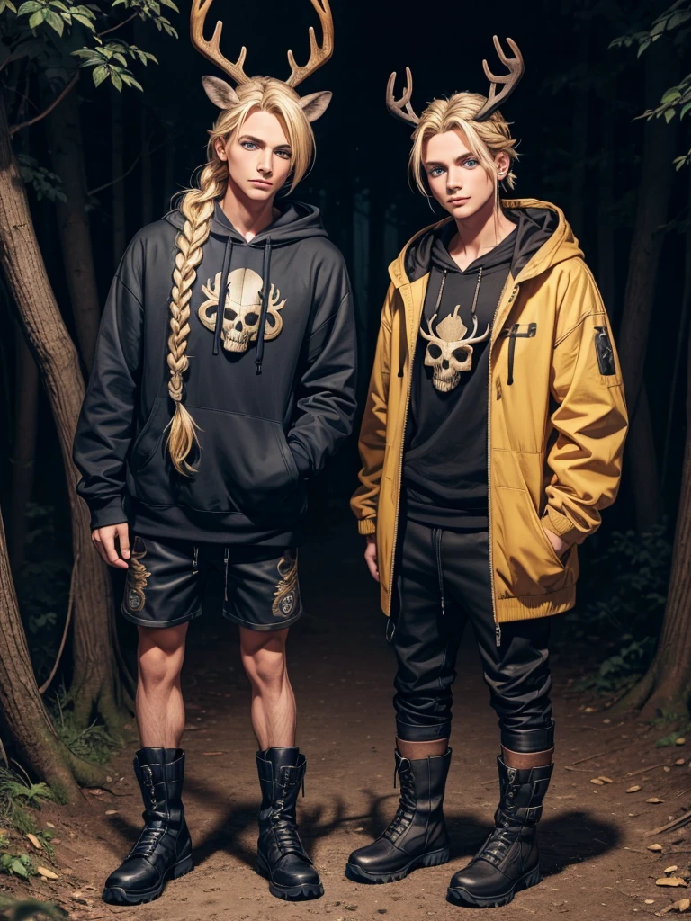 Feminine male with blonde hair in a braid, blue eyes, deer skull mask, black scelras, earrings, blue hoodie and black shorts with brown boots