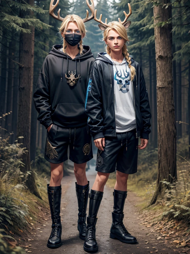 Feminine male with blonde hair in a braid, blue eyes, deer skull mask, black scelras, earrings, blue hoodie and black shorts with brown boots