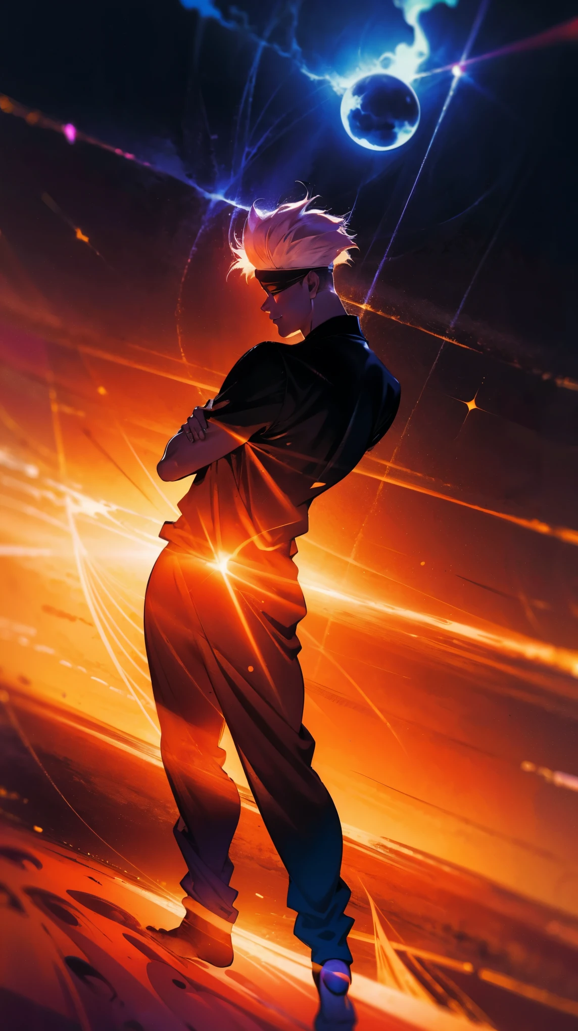 1boy, full body shot, perfect hand and fingers, satoru gojo, blindfold, black outfit, white hair, look at sky, smirk, red and blue moon city night background, wallpaper, cinematic,High resolution 8K, Bright light illumination, lens flare, sharpness, masterpiece, top-quality, The ultra -The high-definition, high resolution, extremely details CG, Anime style, Film Portrait Photography,masterpiece,hyperdetail,light attack, blue and red gives purple, infinity, throw light, energy attack,