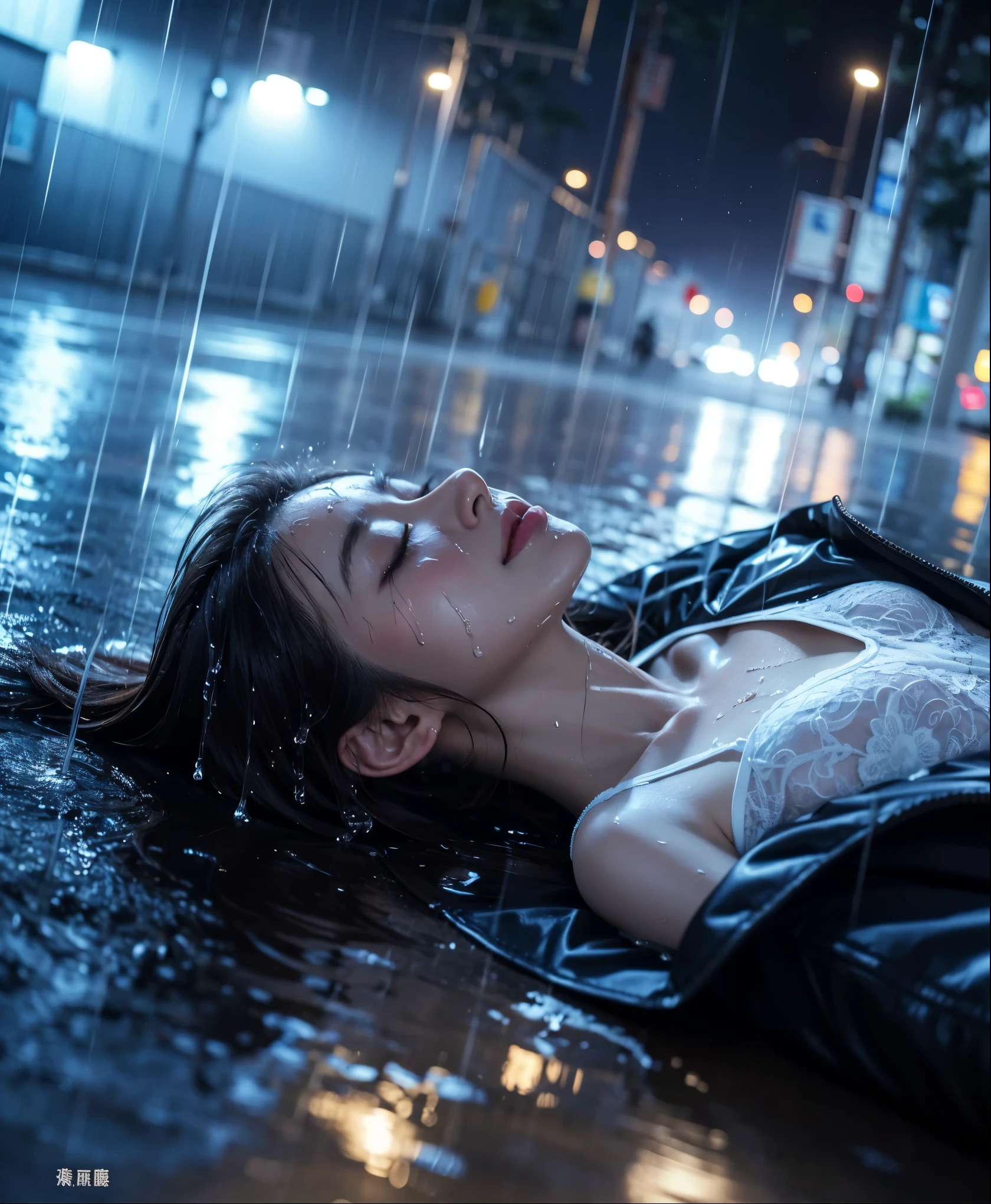 Beautiful Japanese waifu, early 30s, brunette hair, white lace bra, black jacket, closed eyes, lying on road, heavy rain, wet hair, wet face, wet body, wet clothes
