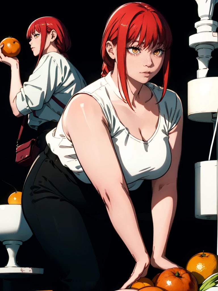 Le personnage Makima de la série animée Chainsaw Man, fragile, obésité morbide, ssbbw, pleine longueur (corps entier 1.1.), fond sombre, obscurité, anatomie correcte 1.1, anatomie correcte de la main, Très féminin, corps gras et rond, grosses Jambes, fesses, beau corps obèse, ventre rond et mou très gras, cheveux roux, Yeux oranges, Cercles rouges pour les écoliers, chemise blanche, jupe noire, cravate noire, pose sexy, réaliste, very détaillé, beau corps, détaillé body, détaillé hands, détaillé, vibrant, détaillé Face, Conception des personnages de Makima. very détaillé, détaillé body, détaillé hands, détaillé Face, Art animé, Hugh Détails, Visage très abattu, détaillé eyes, Illustration ultra fine, Meilleure ombre, détail fin, beautiful détaillé glow, beautiful détaillé, Extraordinairement beau, extremely détaillé, inexpressif, composition épique, Style animé. art animé, Style animé. Jupe noire, chemise blanche, cravatte, pose sexy. Double menton, visage très gras, grosses joues, joues potelées