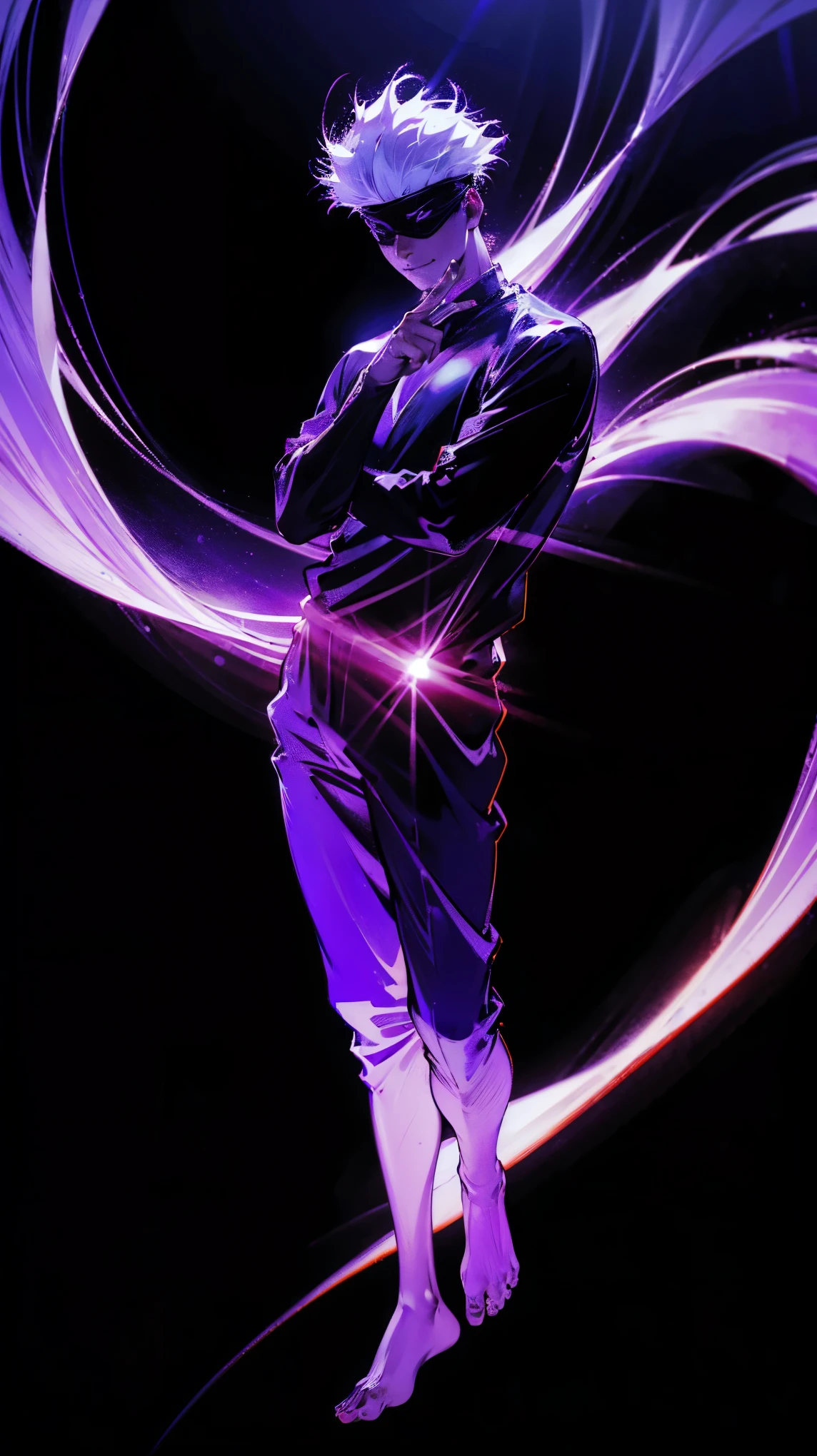 1boy, full body shot, perfect hand and fingers, satoru gojo, blindfold, black outfit, white hair, look at sky, smirk, red and blue moon city night background, wallpaper, cinematic,High resolution 8K, Bright light illumination, lens flare, sharpness, masterpiece, top-quality, The ultra -The high-definition, high resolution, extremely details CG, Anime style, Film Portrait Photography,masterpiece,hyperdetail,light attack, blue and red gives purple, infinity, throw light, energy attack,