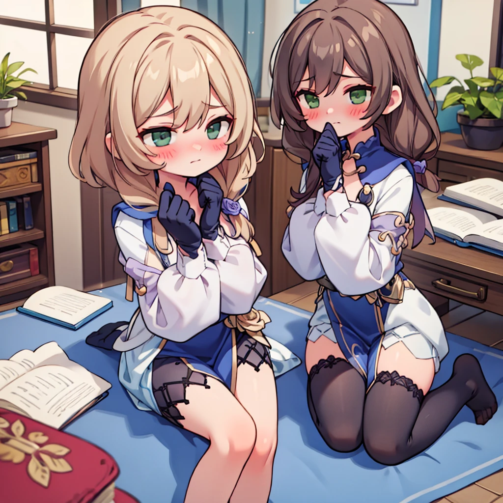 is sitting, legs tucked in, hands in fists, embarrassed face,blushes(one)