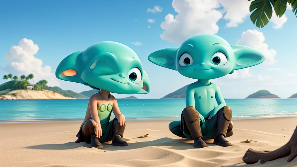 2 aliens sitting on the beach looking at an island in the background