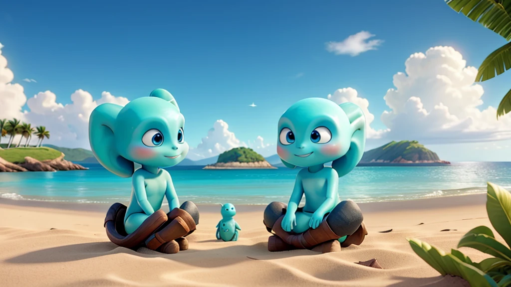 2 aliens sitting on the beach looking at an island in the background