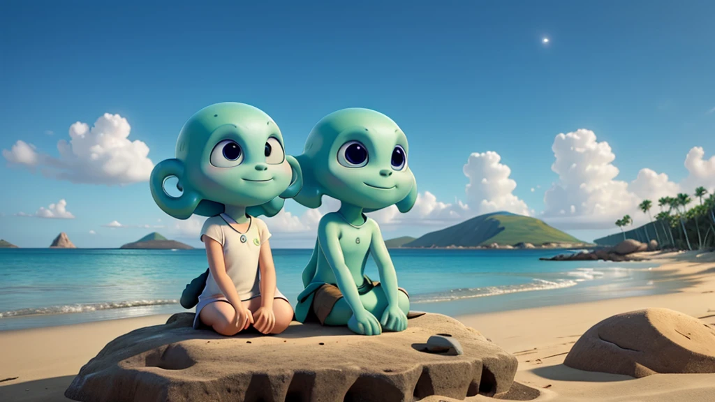 2 aliens sitting on the beach looking at an island in the background