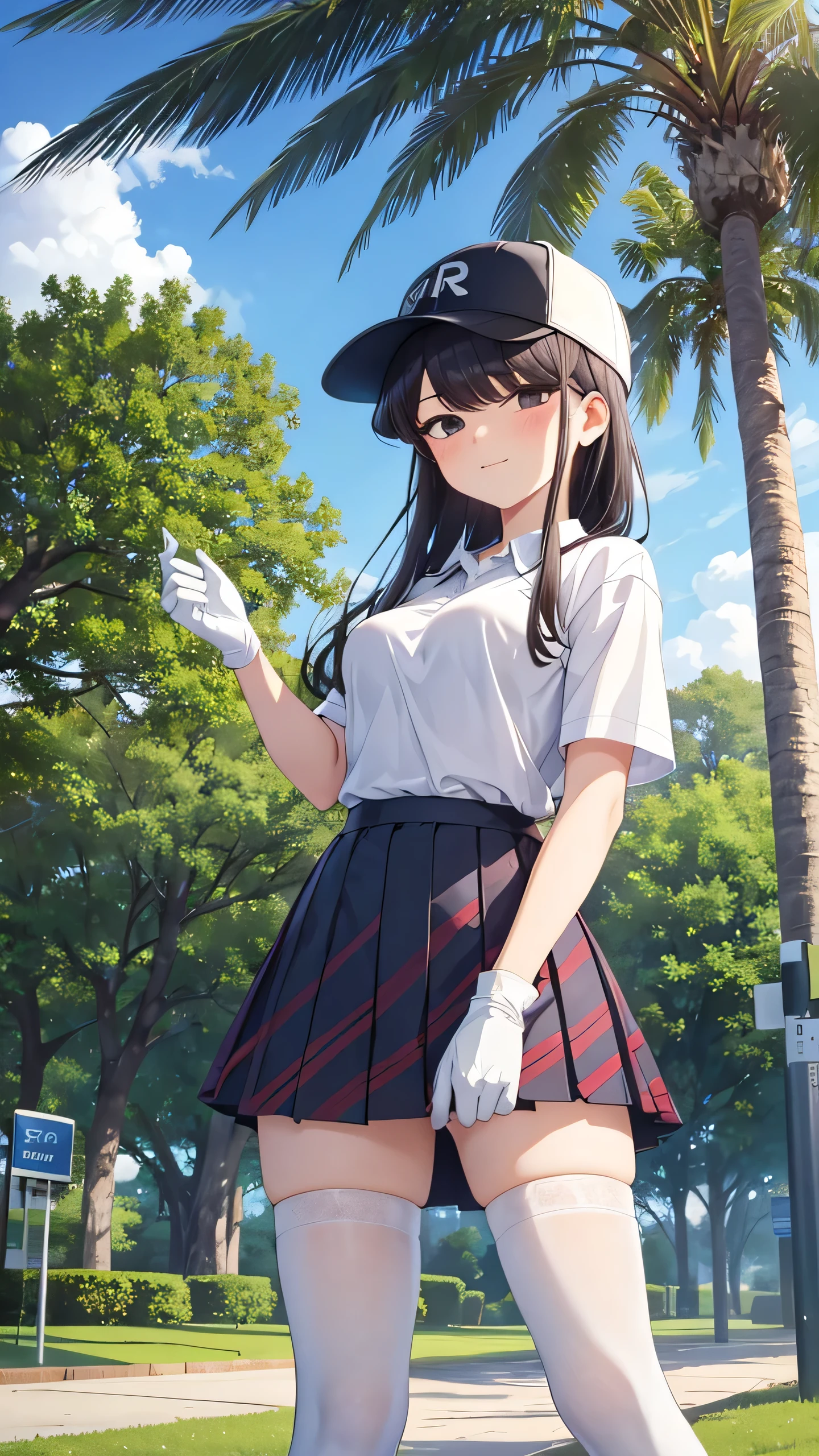 komi_shouko, shokokomidef, tree, bush, white gloves, gloves, nature, forest, grass, outdoors, foliage, 1girl, park, day, golf club, skirt, thighhighs, hat, sky, lamppost, plant, white legwear, blue sky, smile, solo, breasts, palm tree, garden, under tree, long hair, short sleeves, pine tree, looking at viewer, against tree, bangs, jungle, shirt, tree shade, fence, pleated skirt, path, baseball cap, cloud, branch, hair bun, road, blush, on grass, white shirt