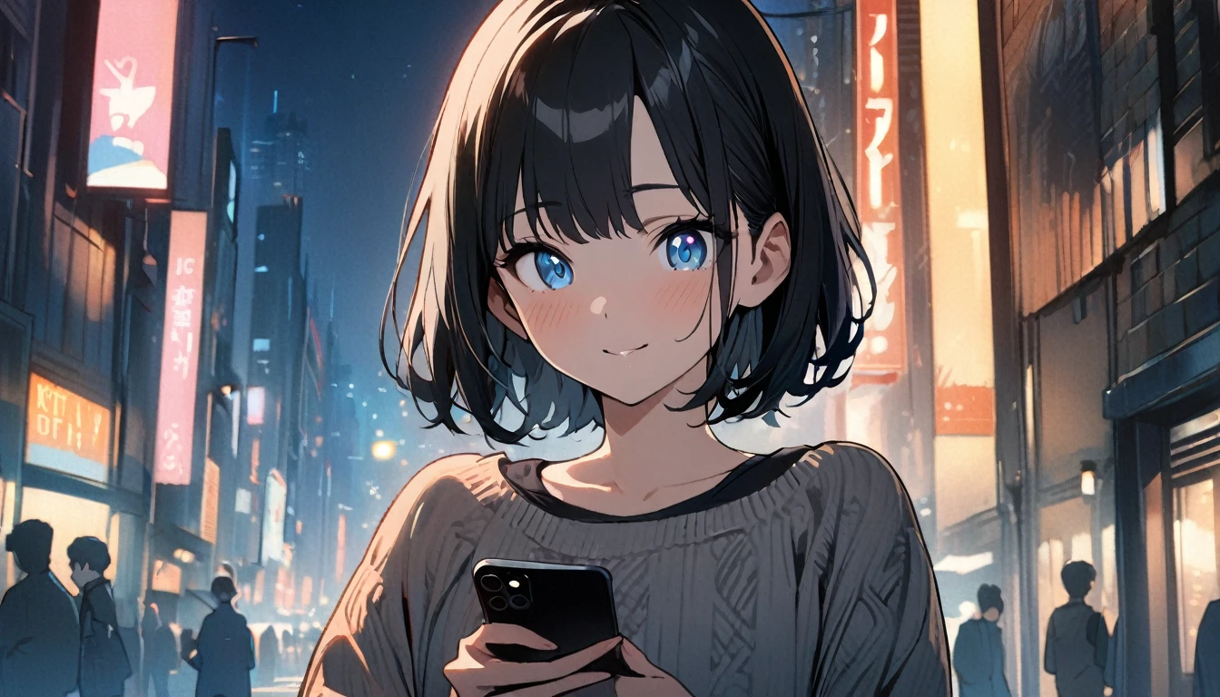 1girl, solo, gentle smile on her face flat chest, short hair, blue eyes, (detailed eyes), black hair, upper body, ((masterpiece, illustration, best quality)) ((best quality)), ((masterpiece)), a girl looking at iPhone, waiting for the reply from a guy who she is interested in, city pop, white and black, nostalgic, night, wearing a sweater