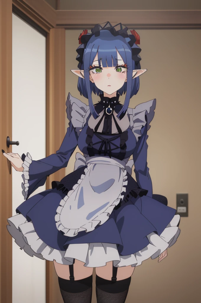 1girl, cowboy shot,
rizu-kyun, maid, bonnet, thighhighs,, masterpiece, best quality, highly detailed,((blue hair)),