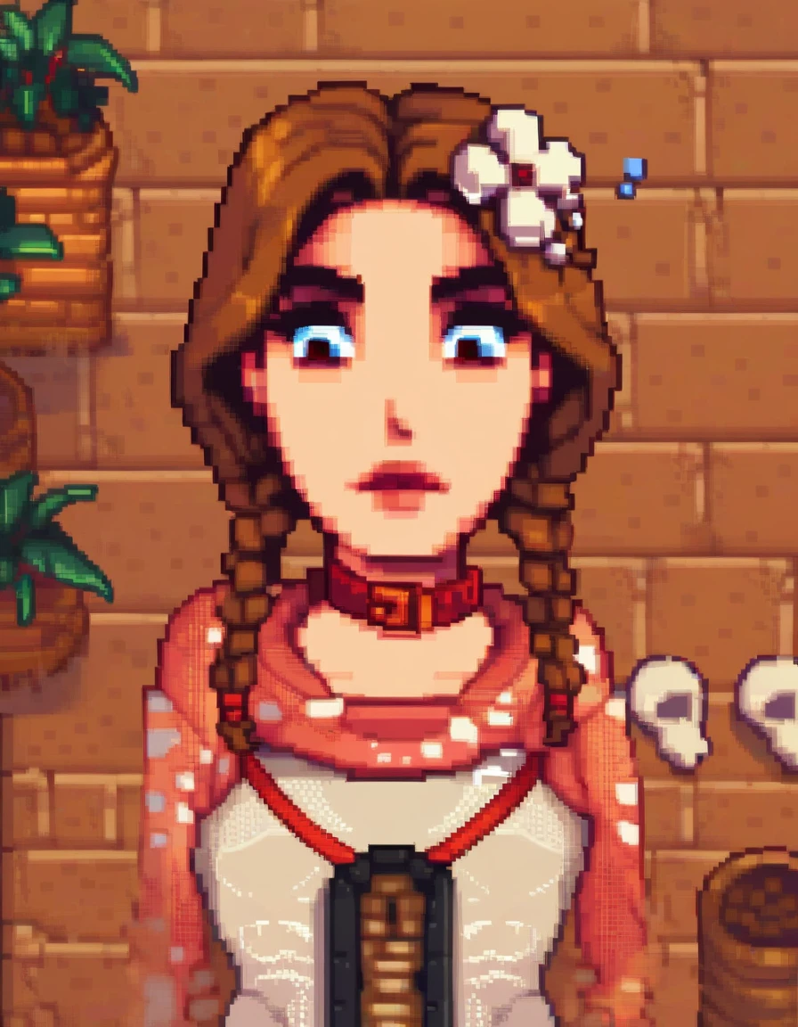 zPDXL, zPDXLxxx, score_9, score_8_up, score_7_up, score_6_up, score_5_up, score_4_up, BREAK StardewValley, Pixel art, korone, dress, red ribbon, hair flower, low twin braids, bone hair ornament, dog tail, red collar, upper body, portrait, looking down, standing