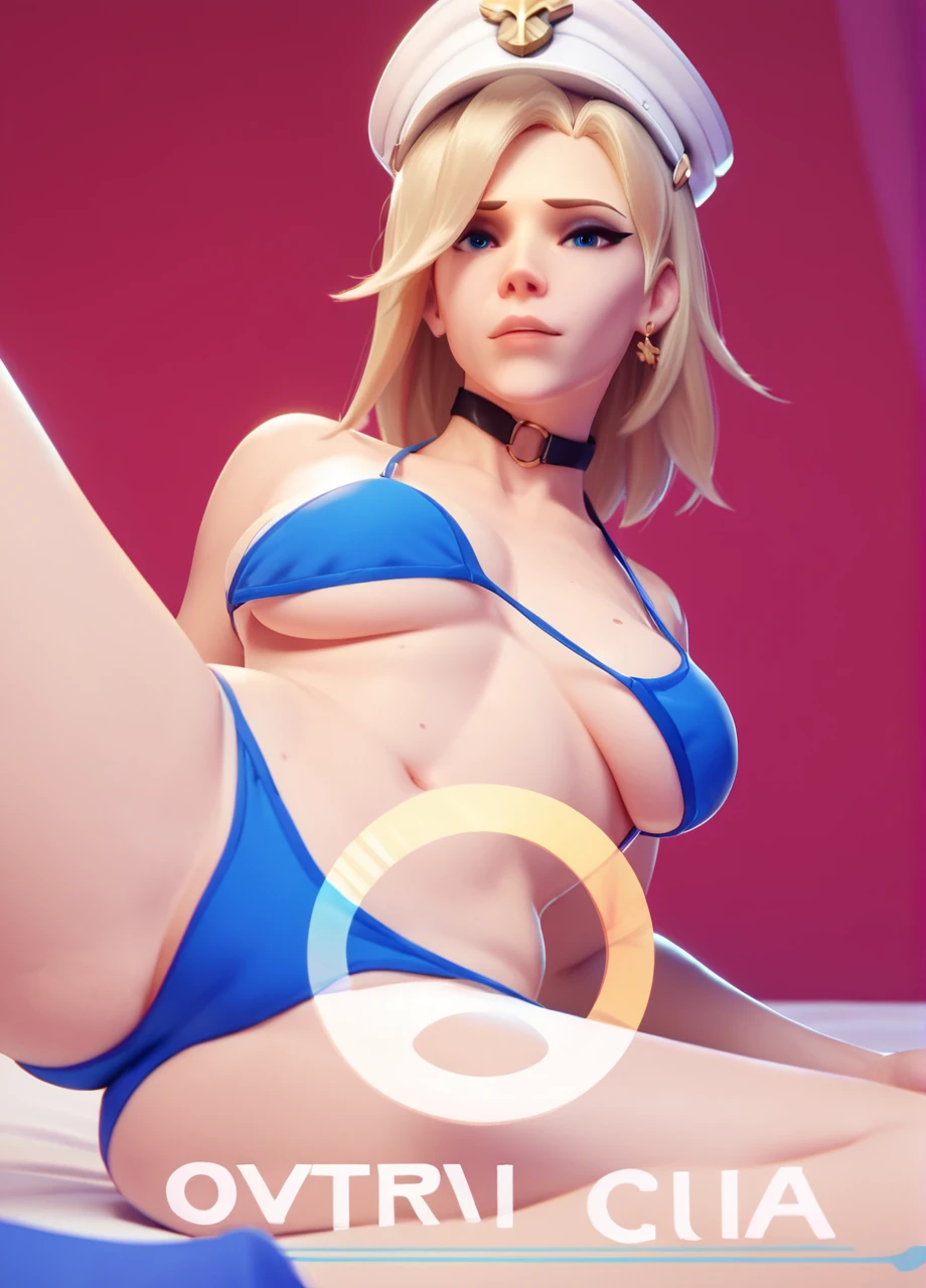 score_9,score_8_up,score_7_up,score_6_up ,source_overwatch score_9, score_8_up, score_7_up,  1woman, solo, mercy \(overwatch\), high quality, blue bikini, blue panty, white commander hat, open hair long hair