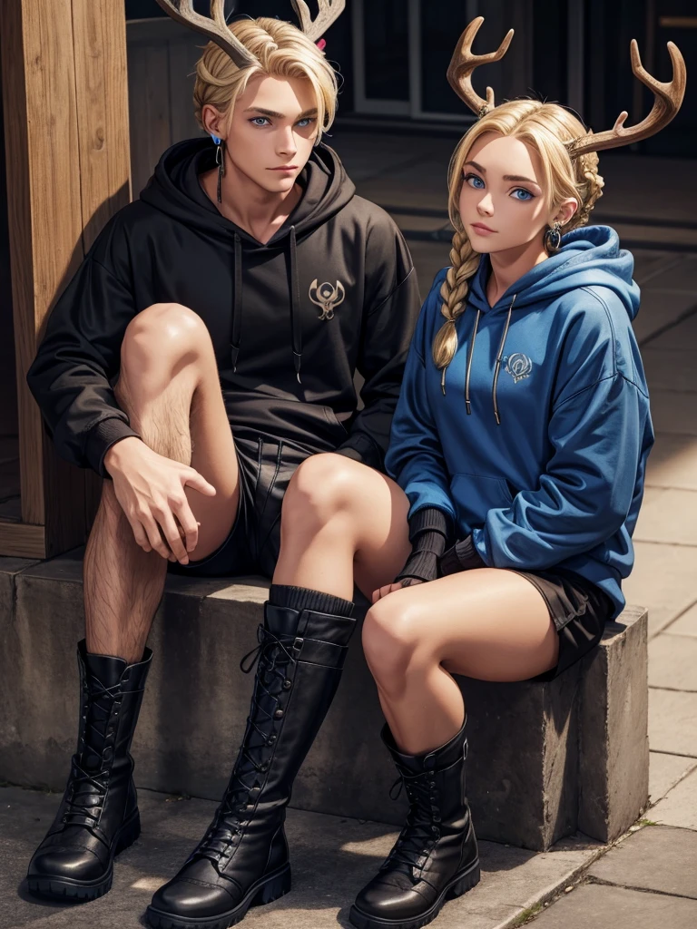 Feminine male with blonde hair in a braid, blue eyes, deer skull mask, black scelras, earrings, blue hoodie and black shorts with brown boots