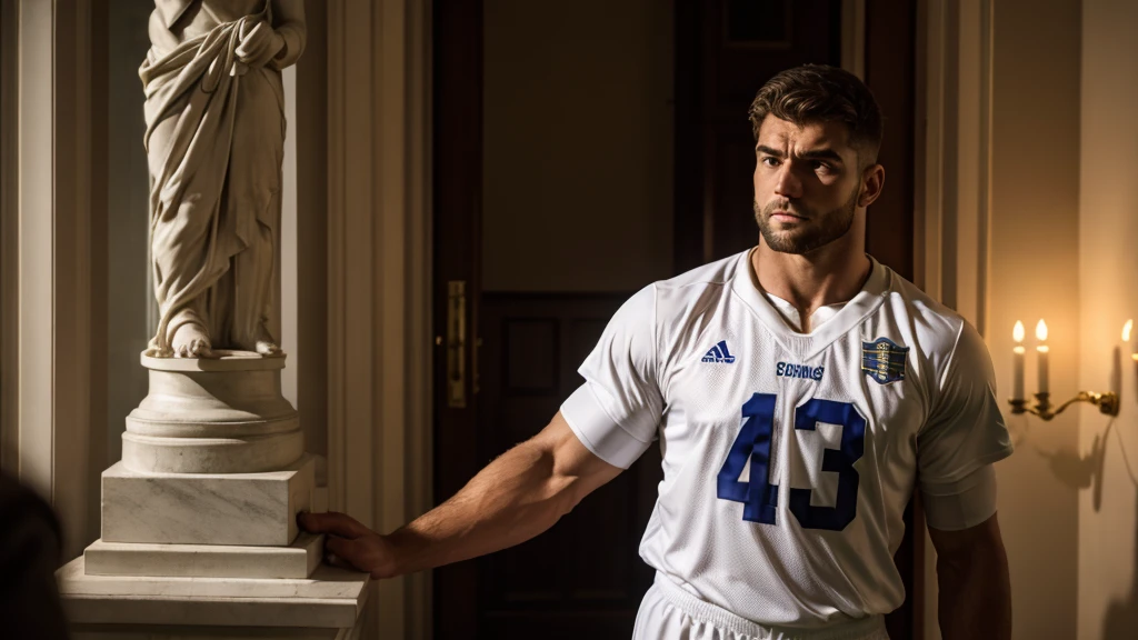 A realistic Greek white marble statue of thoughtful and determined football player, dressed in the ghostly Izzo jersey with faded numbers, fundo neutro, Moody, fotorrealista, absorbed in a thoughtful movie dinner scene, super detalhada, hiper realista, luzes brilhantes, 8K. The football player's intense gaze and expressive face convey deep concentration and focus, as if reliving past triumphs on the field. His short, messy hair frames a strong, chiseled jawline, and the dimly lit scene highlights the intricate details of the statue, from the folds in his toga to the lifelike veins on his hands