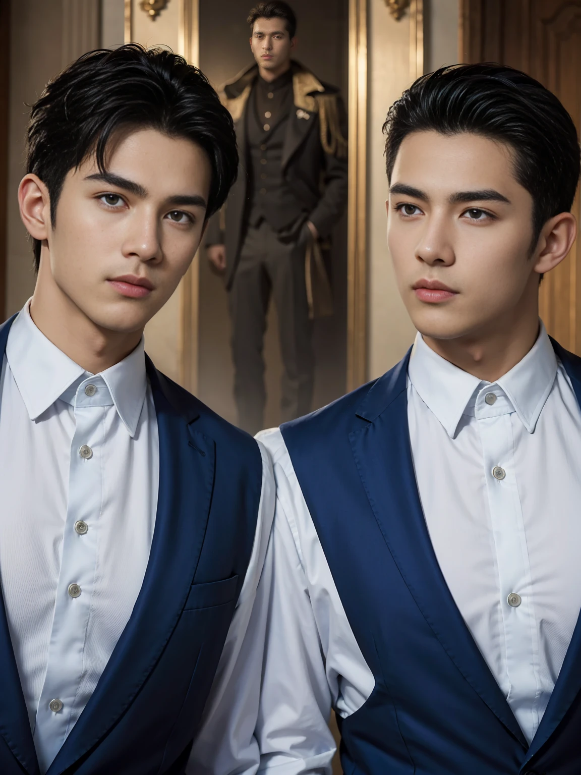 ((masterpiece)),((best quality)),8K,high detail,Very detailed, Very manly,3 men, like,fashion pose, Realistic skin texture, Light,
Royal blue style couple