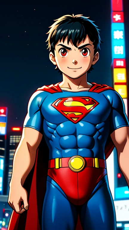 (8k),(masterpiece),(Japanese),(13-year-old boy),((innocent look)),((Childish)),From the front,smile,cute,Innocent,Kind eyes,Flat chest, Superman, Red cape,Short,Hair covered by helmet,Black Hair,Strong wind,night,dark, Neon light cyberpunk city, mighty atom