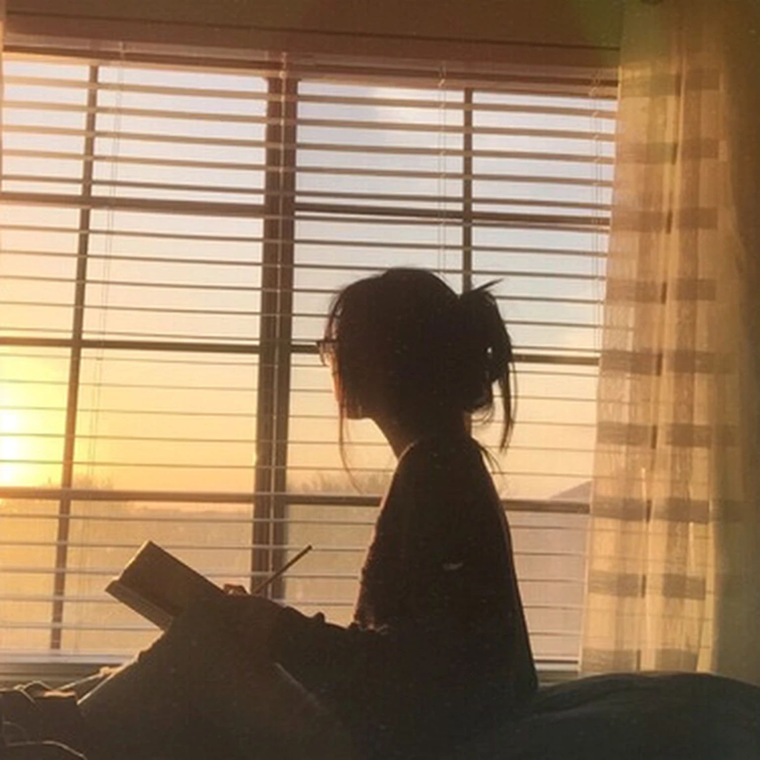 Arav woman sitting on bed,Reading in front of the window, 看Sunset. Japanese cartoons, girl watching Sunset, ((Sunset)), study, Sunset mood, with Sunset, lofi girl aesthetic, with a Sunset, The aesthetics of storytelling, study in a brightly lit room, Light Academy Aesthetics, looking out at a Sunset, looking at Sunset