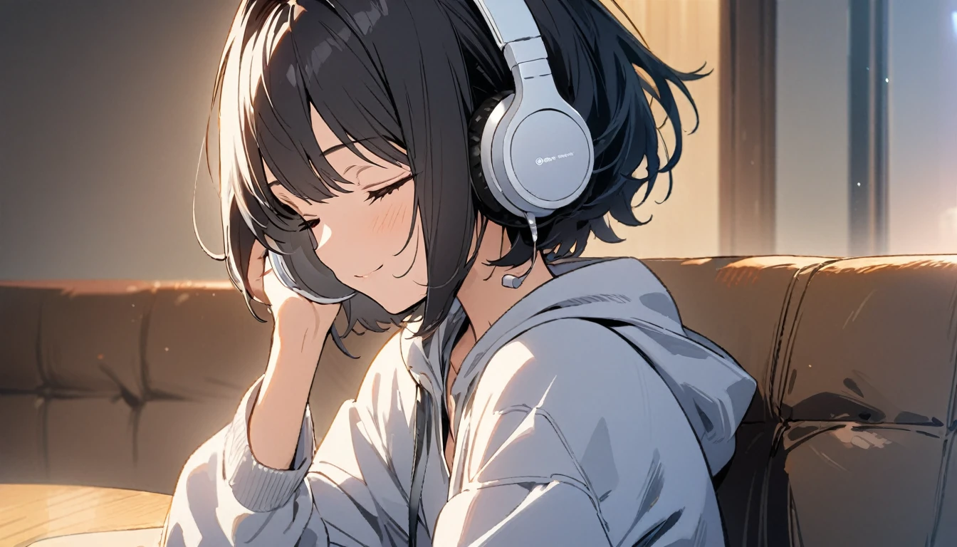 1girl, solo, gentle smile on her face flat chest, short hair, black hair, upper body, ((masterpiece, illustration, best quality)) ((best quality)), ((masterpiece)), (detailed), perfect face, sitting under the Blue Jacaranda (Jacaranda mimosifolia), listening to music, One woman, wearing headphones, eyes closed, wearing a hoodie