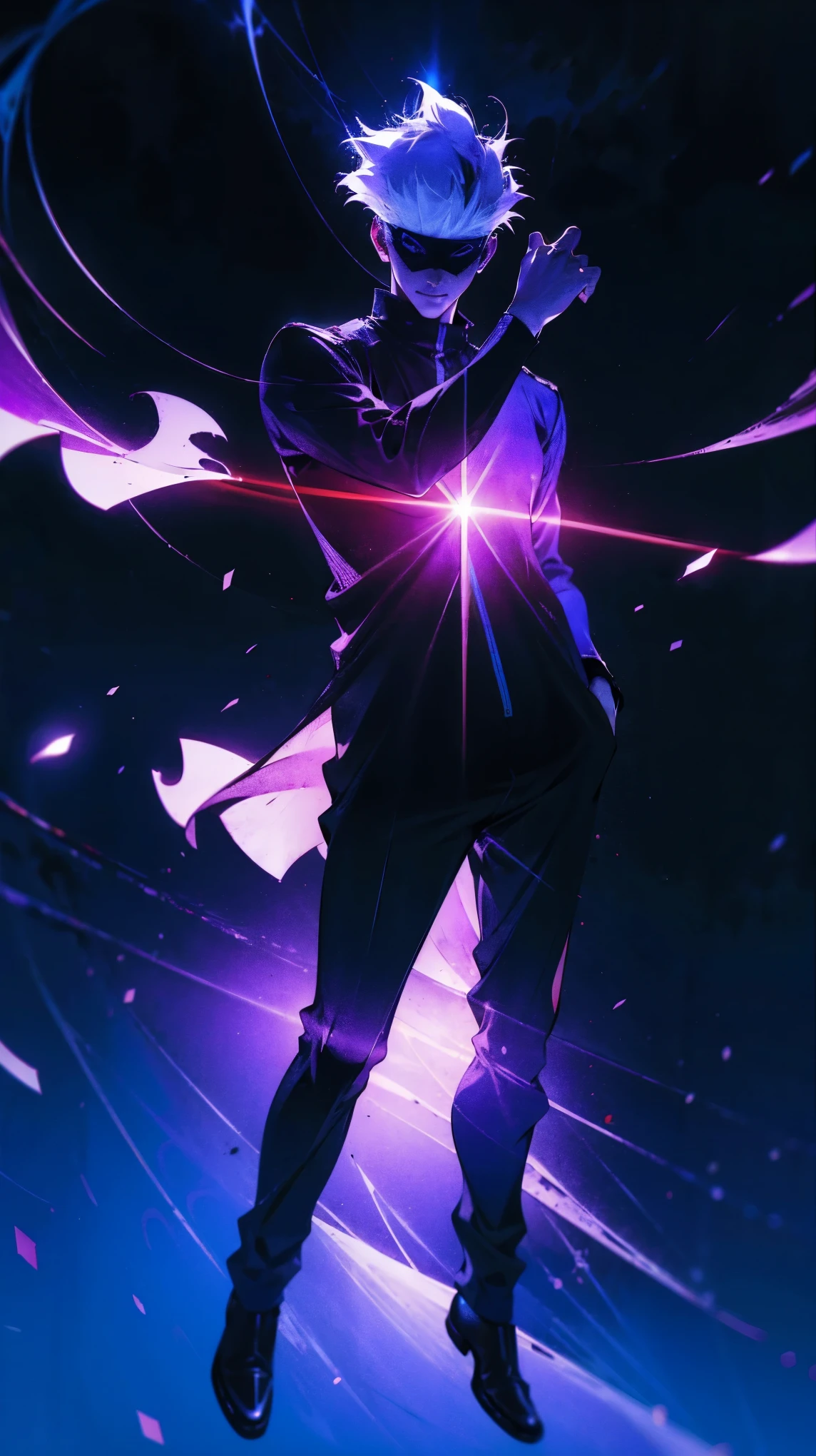 1boy, full body shot, perfect hand and fingers, satoru gojo, blindfold, black outfit, white hair, look at sky, smirk, red and blue moon city night background, wallpaper, cinematic,High resolution 8K, Bright light illumination, lens flare, sharpness, masterpiece, top-quality, The ultra -The high-definition, high resolution, extremely details CG, Anime style, Film Portrait Photography,masterpiece,hyperdetail,light attack, blue and red gives purple, infinity, throw light, energy attack,