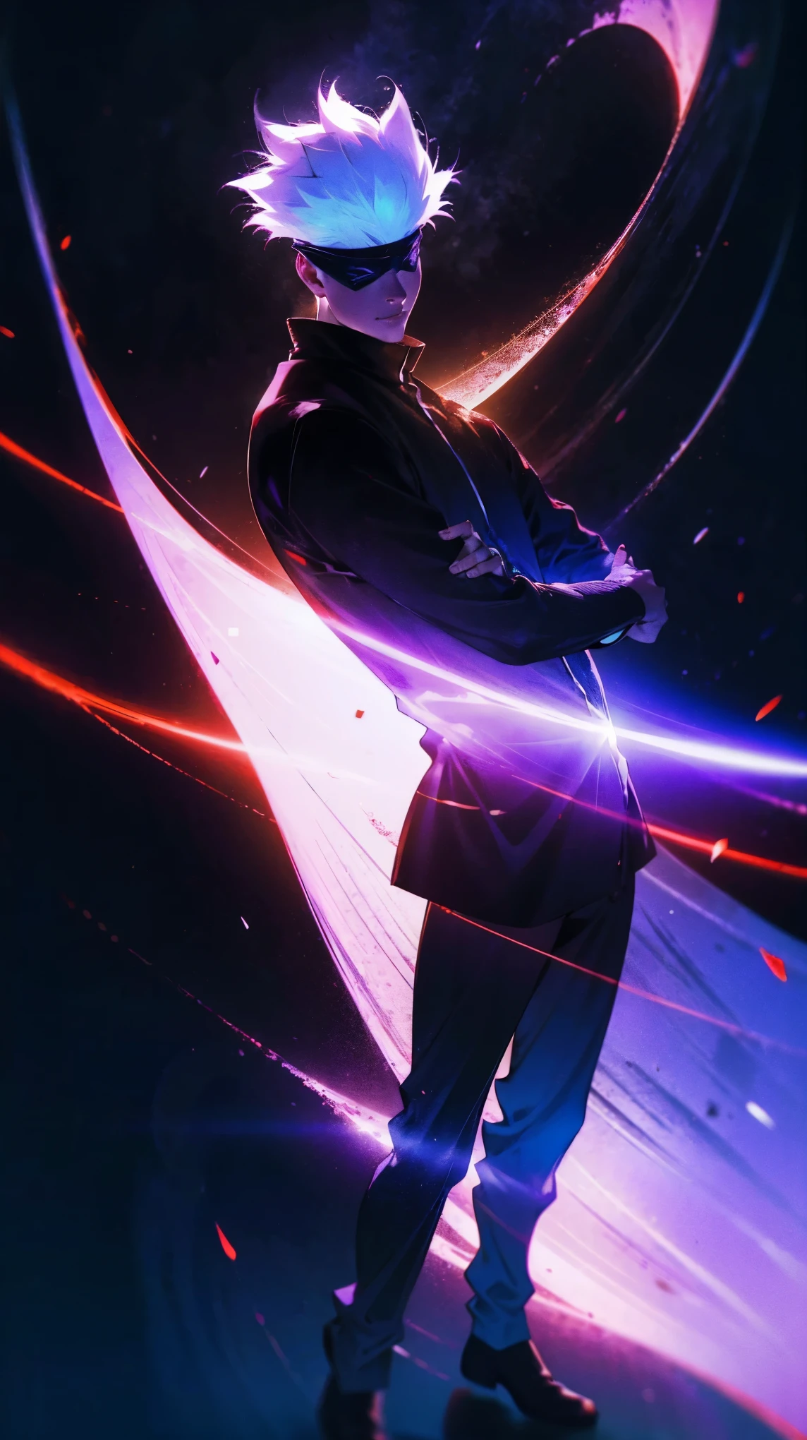 1boy, full body shot, perfect hand and fingers, satoru gojo, blindfold, black outfit, white hair, look at sky, smirk, red and blue moon city night background, wallpaper, cinematic,High resolution 8K, Bright light illumination, lens flare, sharpness, masterpiece, top-quality, The ultra -The high-definition, high resolution, extremely details CG, Anime style, Film Portrait Photography,masterpiece,hyperdetail,light attack, blue and red gives purple, infinity, throw light, energy attack,