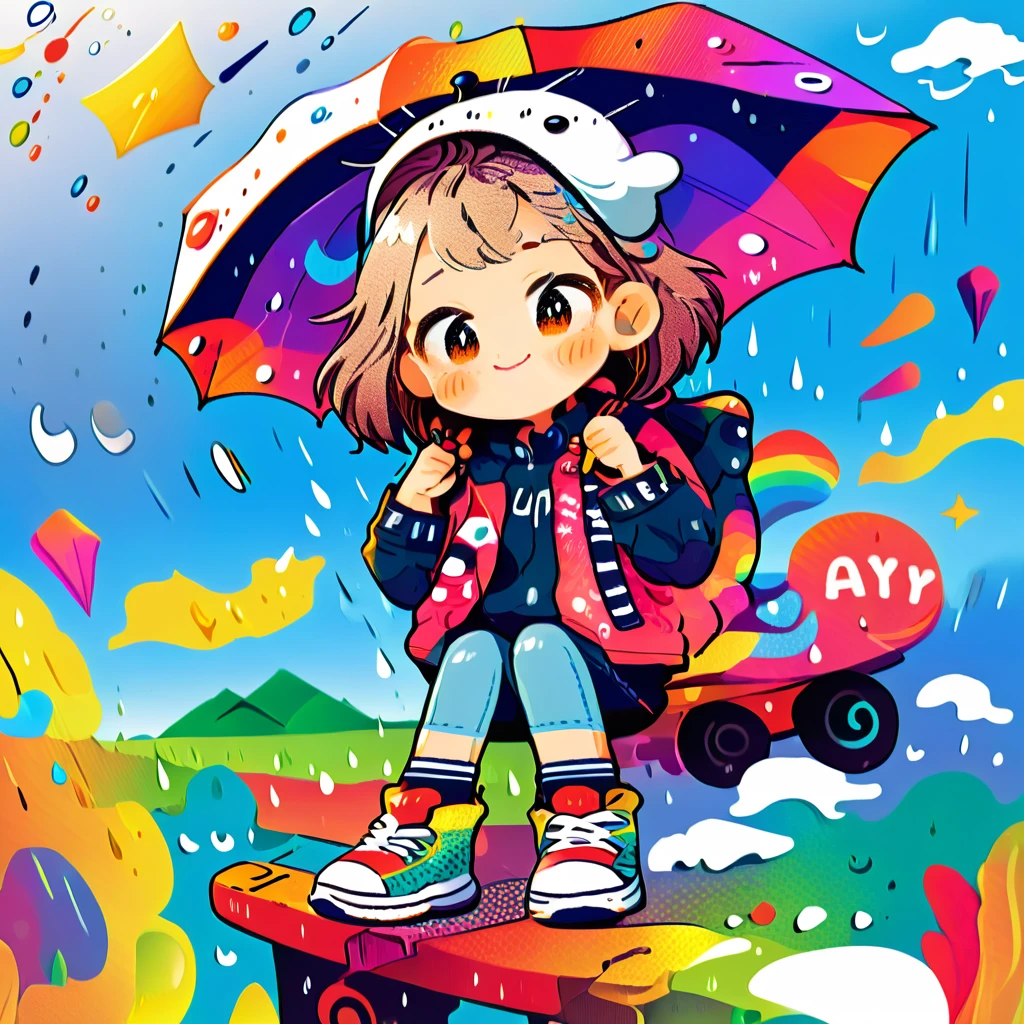 A smiling girl dancing in the rain,beautiful detailed eyes, beautiful detailed lips, extremely detailed eyes and face, long eyelashes, portrait, dynamic pose, wet clothes, rain drops, colorful umbrella, whimsical, atmospheric lighting, vibrant colors, detailed background, fantasy, magical realism, photorealistic, 8K, highest quality, masterpiece
