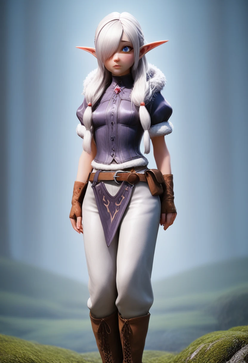 a detailed gnome girl with pale skin, short stature, and very long silver hair that curls at the ends, covering one eye, with small breasts, pouty lips, and bright blue anime-style eyes with long lashes, wearing a corset, white puffy long sleeved shirt, and puffy cloth pants, leather bound boots, set in a windy fantasy landscape, (best quality,4k,8k,highres,masterpiece:1.2),ultra-detailed, dungeons and dragons, long elf ears,  girl, detailed skin and cloth textures, beautiful detailed face, intricate details, extremely detailed, 1girl, dynamic pose with hair covering one eye, shy personality, cloth pants with leather belt