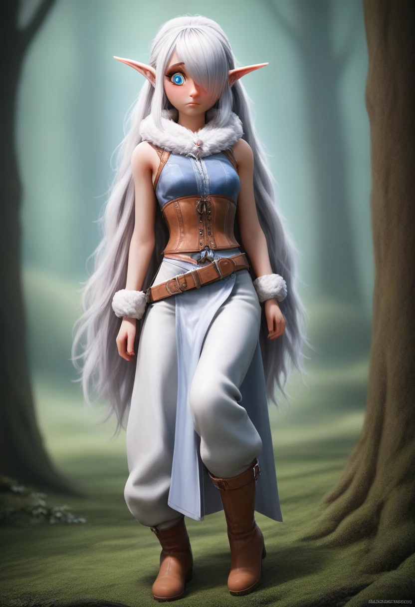 ((Best Quality)), (Masterpiece)), (Details: 1.4), Absurd Resolution, High Resolution, (Masterpiece: 1.4), Ultra Detailed, detailed gnome girl with pale skin, short stature, very long waist length silver hair that curls at the ends, covering one eye, with small breasts, pouty lips, and bright blue anime-style eyes with long lashes, wearing a corset, white puffy long sleeved shirt, and puffy cloth pants, leather bound boots, set in a windy fantasy landscape, (best quality,4k,8k,highres,masterpiece:1.2),ultra-detailed, dungeons and dragons, long elf ears, small girl, detailed skin and cloth textures, cute detailed face, intricate details, extremely detailed, 1girl, dynamic pose with hair covering one eye, shy personality, puffy cloth pants with leather belt, detailed privateer outfit, detailed buccaneer outfit, pouch on belt, wearing ornate leather armor with fur trim, silver inlay detail, wearing fur trimmed boots, wearing fur trimmed gloves, short, short height, halfing girl, small girl, very long hair