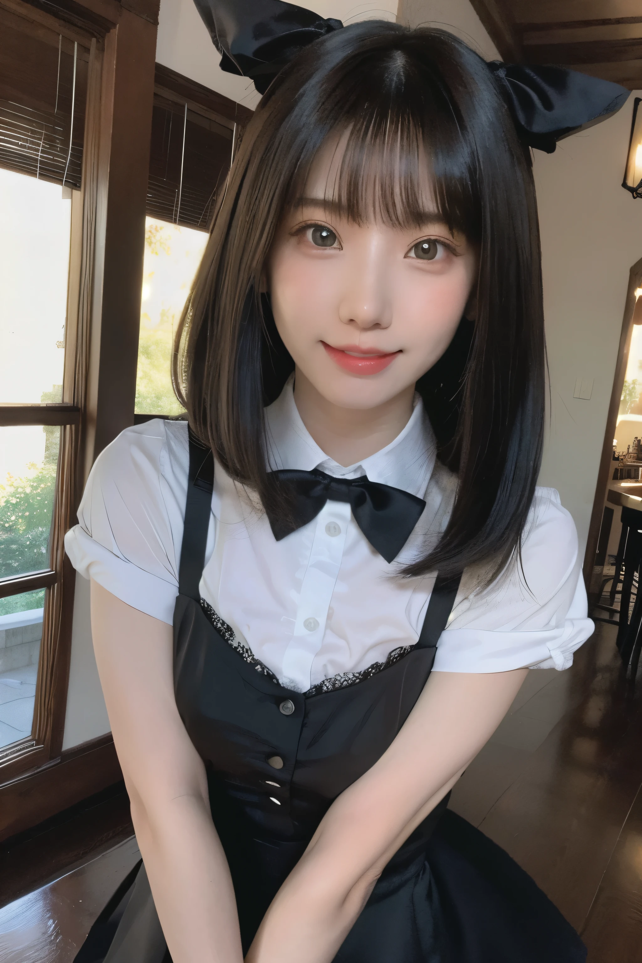 RAW Photos,(8K)、(Highest quality: 1.2)、(Real)、(Real: 1.37)、Ultra-high resolution、A young woman is smiling at the camera。She has long black hair、The bangs are cut loosely around the face。She is wearing a black dress、She has a big black ribbon in her hair.。There is an ice cream parfait on her desk.。The decorations feature cute characters.。In the background you can see the interior of a cafe.。She is looking calmly at the camera。(Hide your hands)