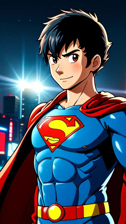 (8k),(masterpiece),(Japanese),(13-year-old boy),((innocent look)),((Childish)),From the front,smile,cute,Innocent,Kind eyes,Flat chest, Superman, Red cape,Short,Hair covered by helmet,Black Hair,Strong wind,night,dark, Neon light cyberpunk city, mighty atom