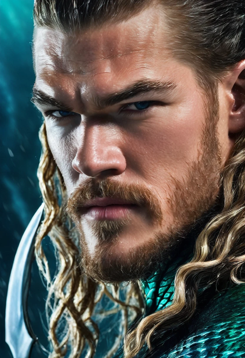 (((Extreme close-up Alan Ritchson under the mantle of Arthur Curry aka Aquaman long hair suit Aquaman Dc universe front images color images Splash)))