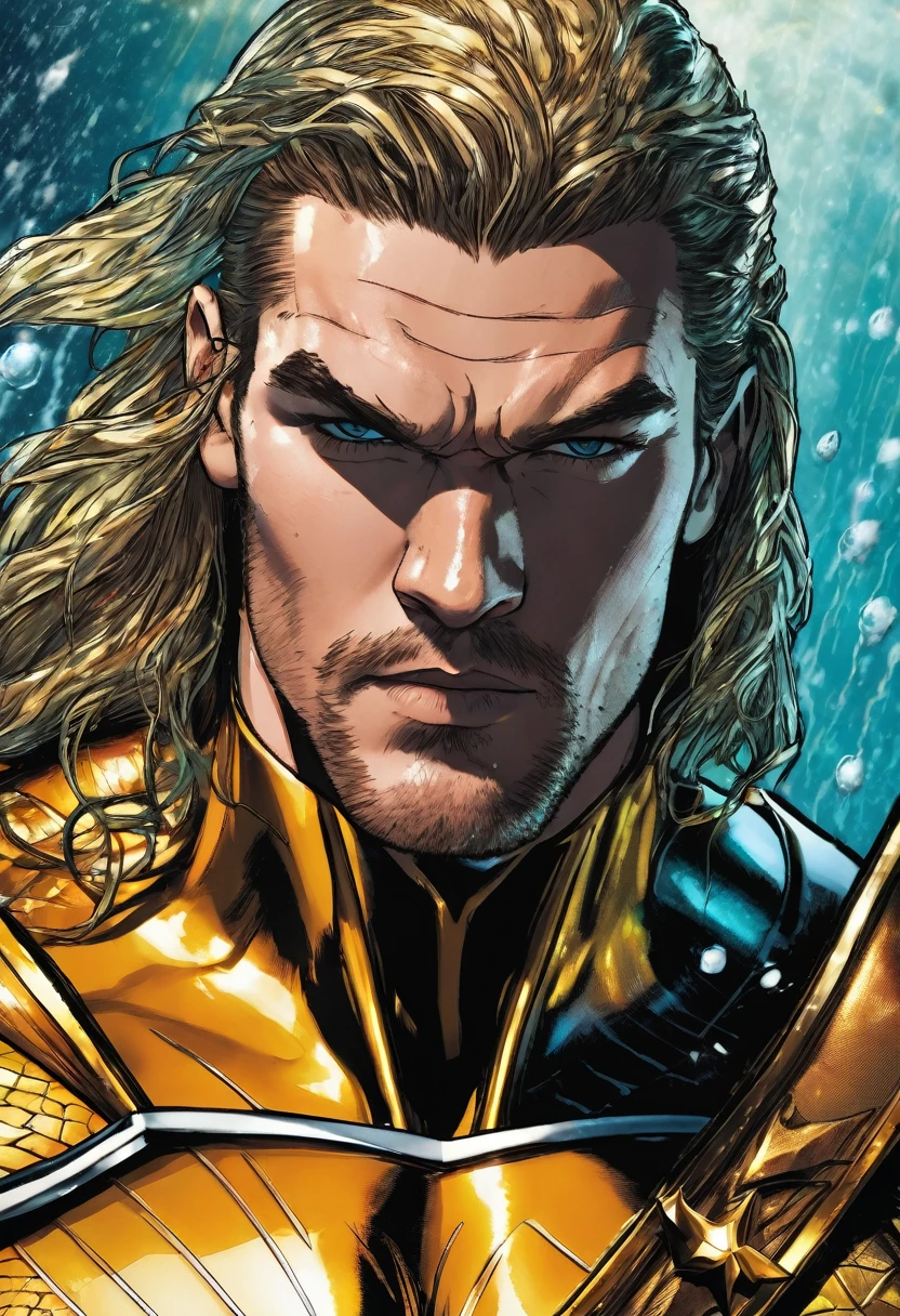 (((Extreme close-up Alan Ritchson under the mantle of Arthur Curry aka Aquaman long hair suit Aquaman Dc universe front images color images Splash))) 