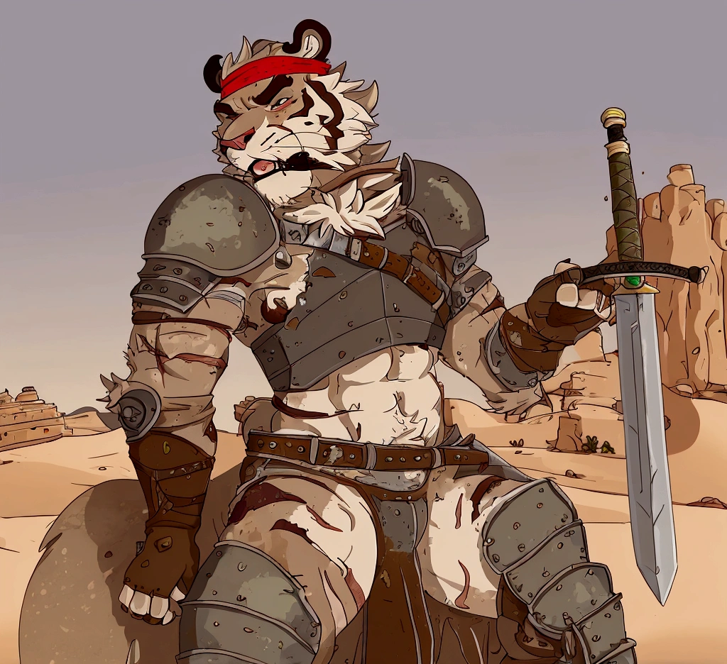 Solo Sexy anthro furry tiger male mercenary medieval solider, slim endomorph muscular handsone model male apperance, headband, sword scars, worn out rusty skimpy armament, low on hips heavy leather belt, old very worn out skimpy dirty linen material jockstrap, old yellow dirty worn out stains on white jockstrap, studded skimpy armlets breastplate armor, skimpy breastplate, leather bondages, fingerless leather gloves, smelly unwashed furr, dirty body look, desert battlefield, standing in sexy fighting position, close view of full character