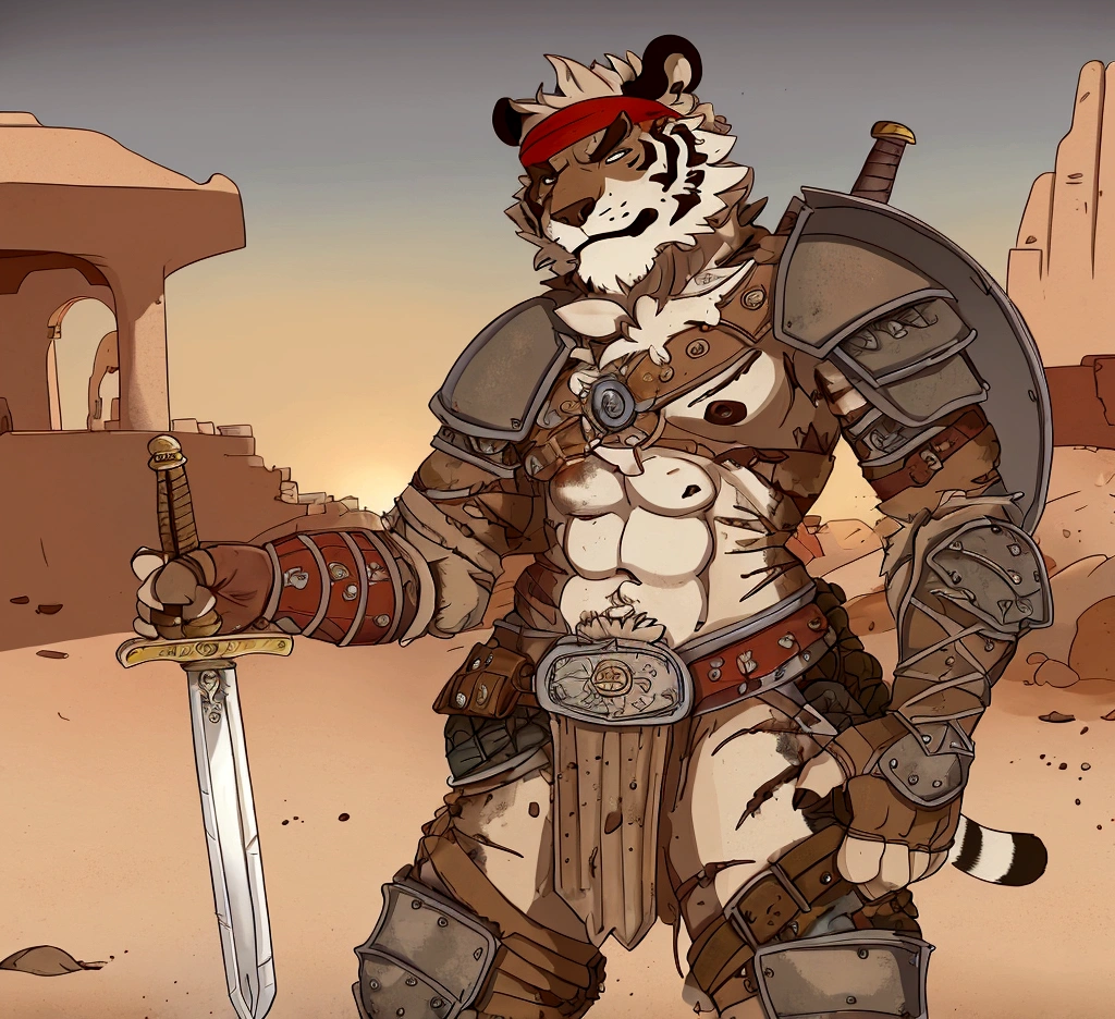 Solo Sexy anthro furry tiger male mercenary medieval solider, slim endomorph muscular handsone model male apperance, headband, sword scars, worn out rusty skimpy armament, low on hips heavy leather belt, old very worn out skimpy dirty linen material jockstrap, old yellow dirty worn out stains on white jockstrap, studded skimpy armlets breastplate armor, skimpy breastplate, leather bondages, fingerless leather gloves, smelly unwashed furr, dirty body look, desert battlefield, standing in sexy fighting position, close view of full character