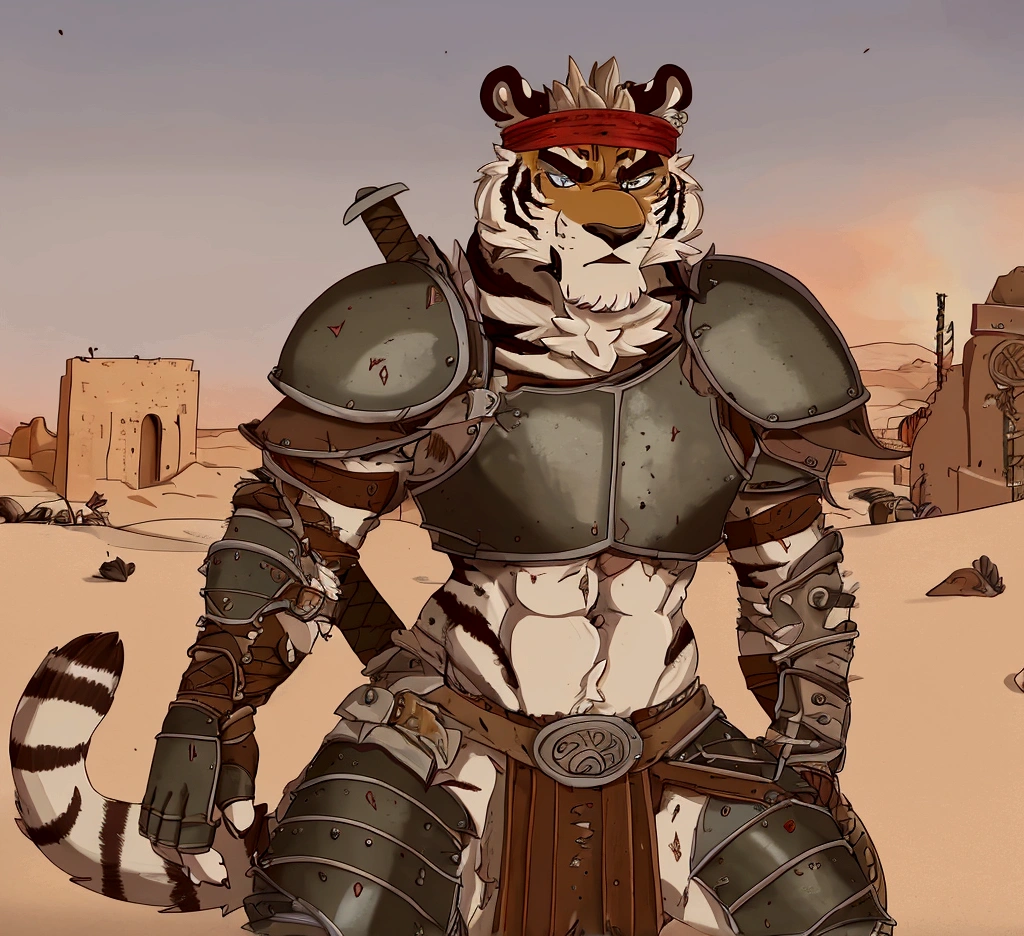 Solo Sexy anthro furry tiger male mercenary medieval solider, slim endomorph muscular handsone model male apperance, headband, sword scars, worn out rusty skimpy armament, low on hips heavy leather belt, old very worn out skimpy dirty linen material jockstrap, old yellow dirty worn out stains on white jockstrap, studded skimpy armlets breastplate armor, skimpy breastplate, leather bondages, fingerless leather gloves, smelly unwashed furr, dirty body look, desert battlefield, standing in sexy fighting position, close view of full character